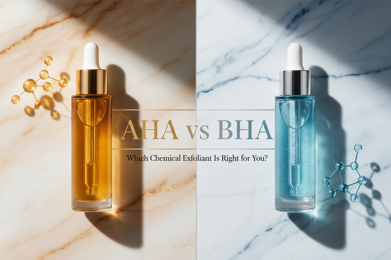 AHA vs BHA chemical exfoliants in elegant glass bottles on marble background.