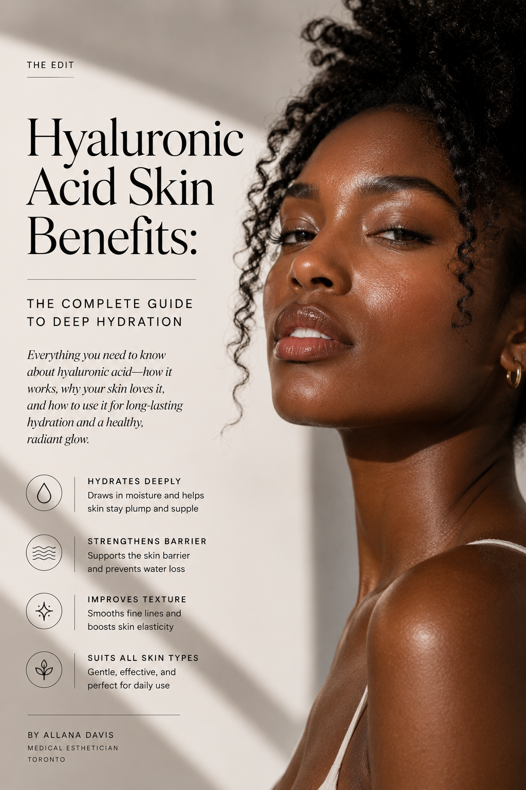 Editorial portrait of a Black woman with radiant, hydrated skin illustrating the benefits of hyaluronic acid and medical-grade hydration skincare by Allana Davis Studio in Toronto.