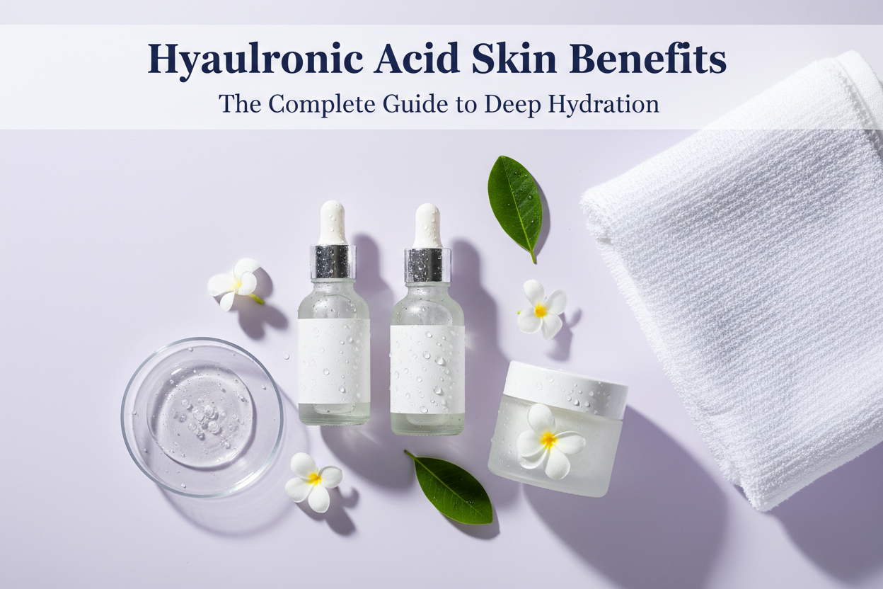 Hyaluronic Acid Skin Benefits skincare products with dropper bottles, cream, and flowers for deep hydration.