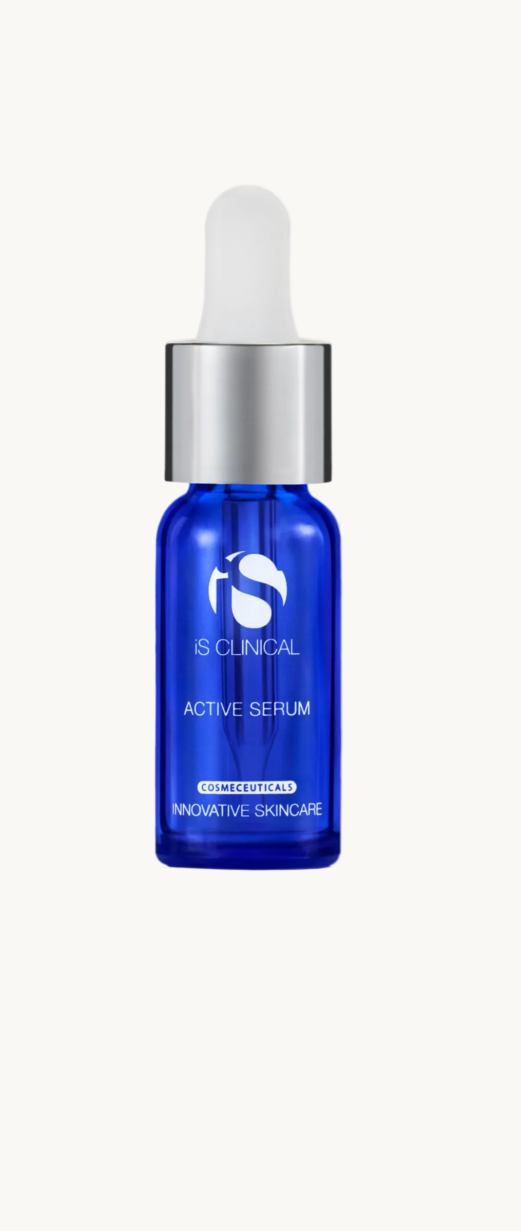 A blue glass dropper bottle of iS Clinical ACTIVE SERUM with a white label and silver accents.