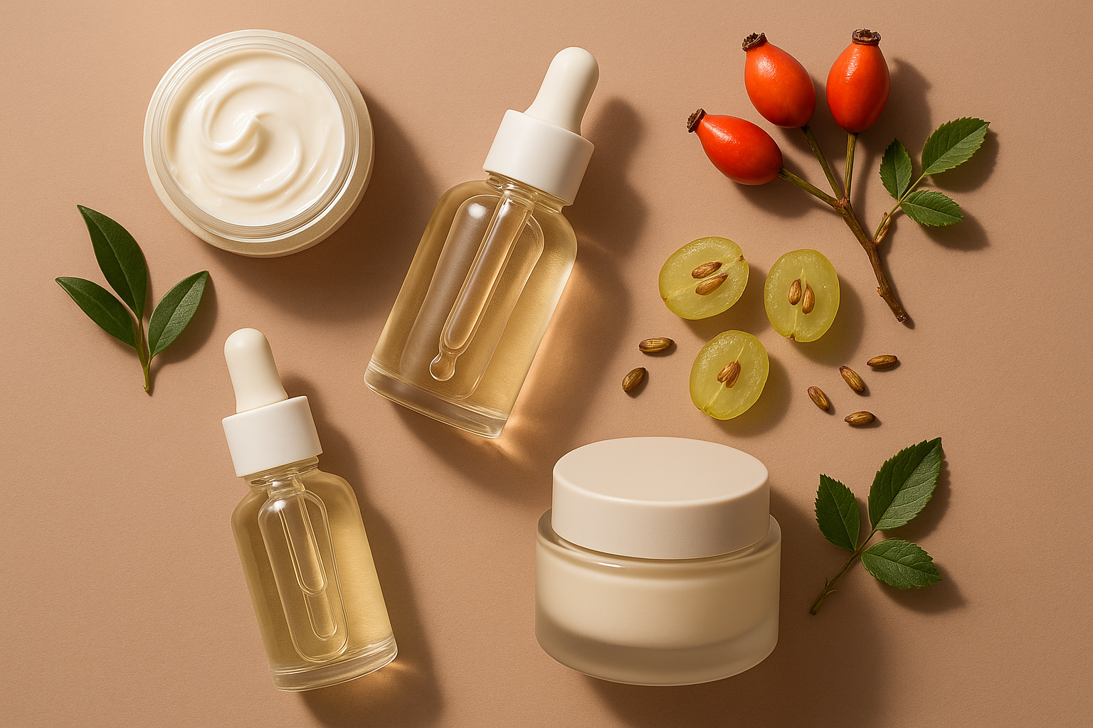 Flat lay of anti-aging skincare products and botanical ingredients on a soft beige background