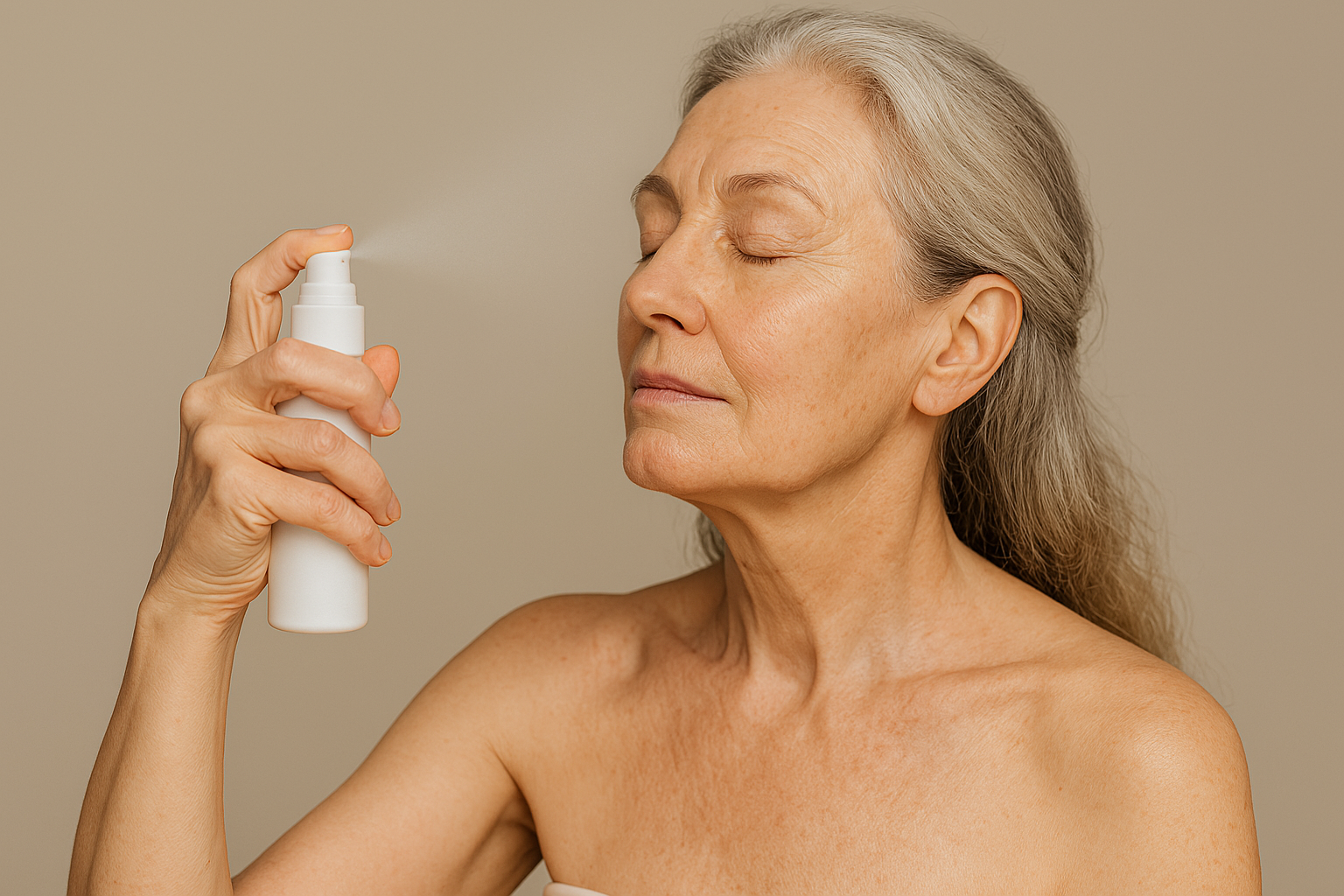 Mature woman hydrating dry, aging skin with mist or serum