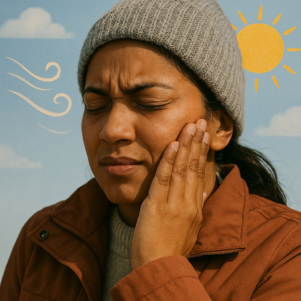 Individual protecting face from environmental elements like wind and sun to prevent skin sensitivity.