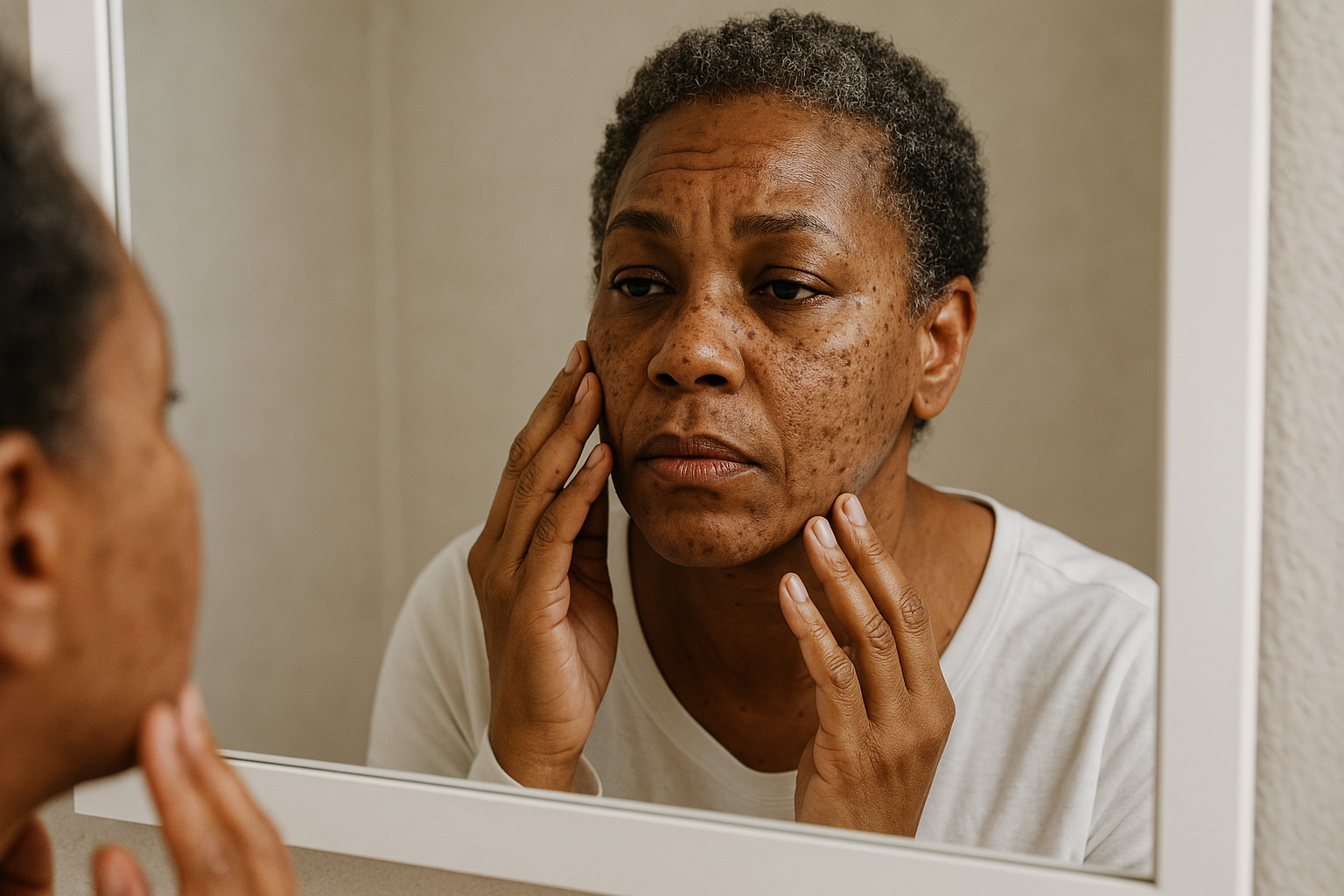 Woman in midlife reflecting in the mirror, showing hormone-related skin changes