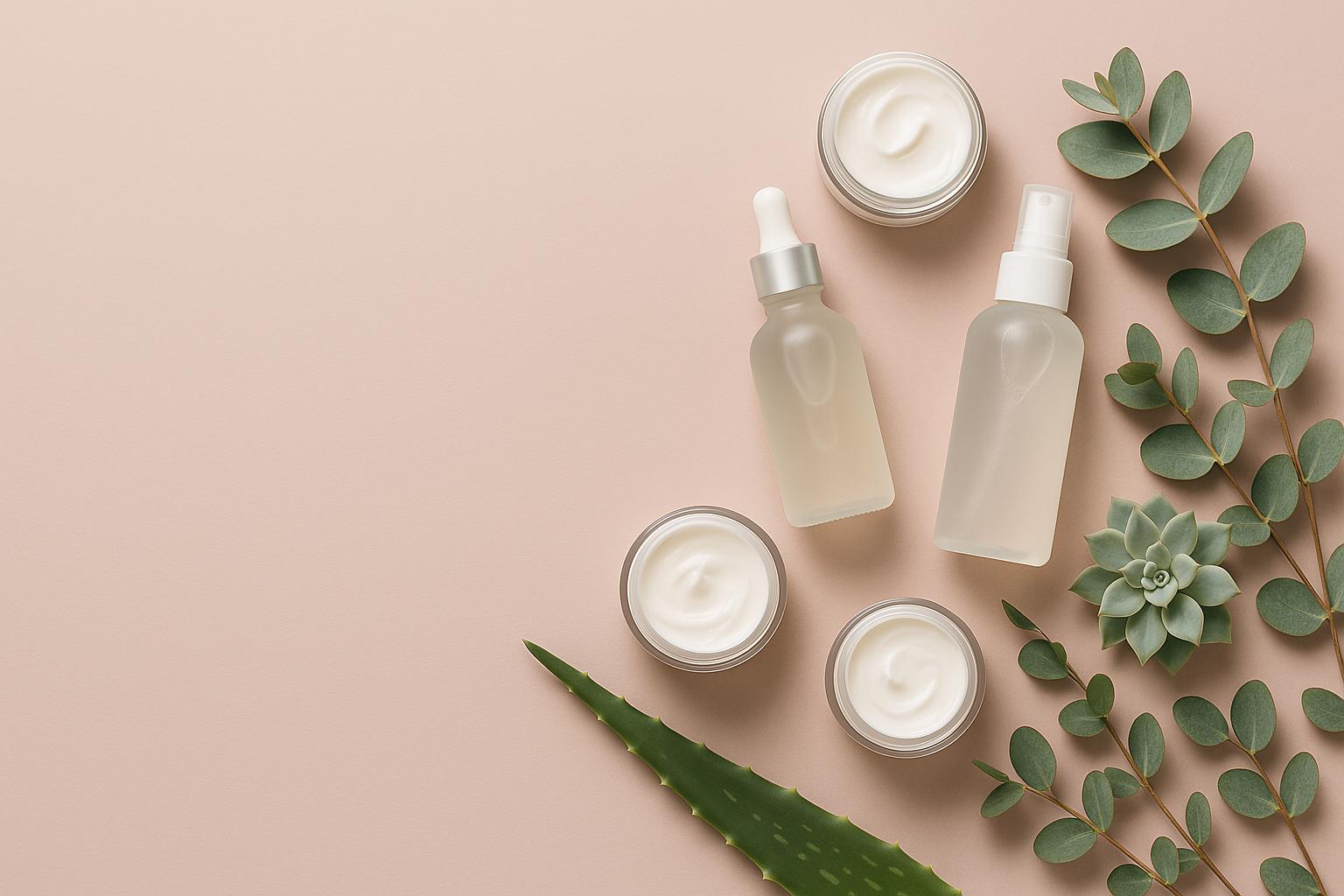 Flat lay of sensitive skincare products with botanical ingredients on a pale blush background