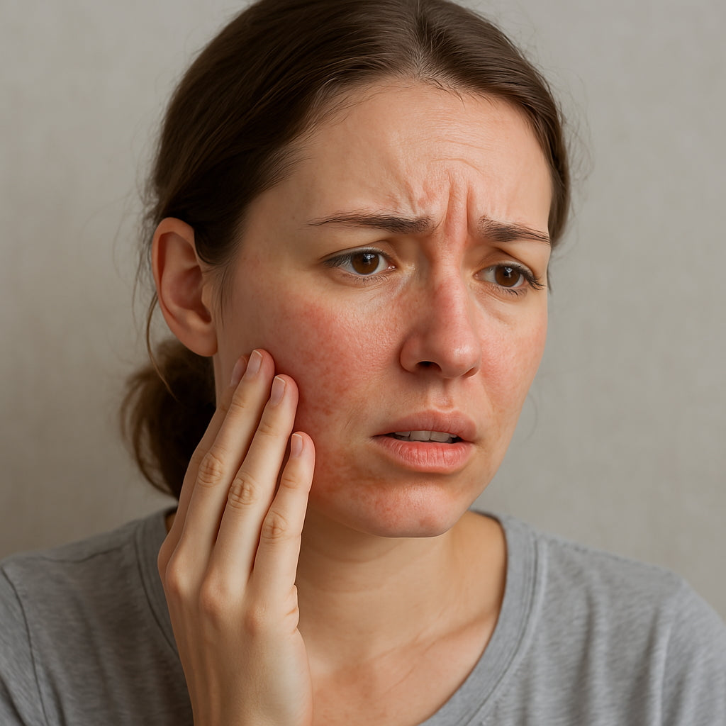 Woman experiencing skin irritation after applying a skincare product.