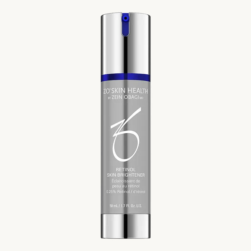 A bottle of ZO Skin Health Retinol Skin Brightener with 0.25% Retinol printed on the label.