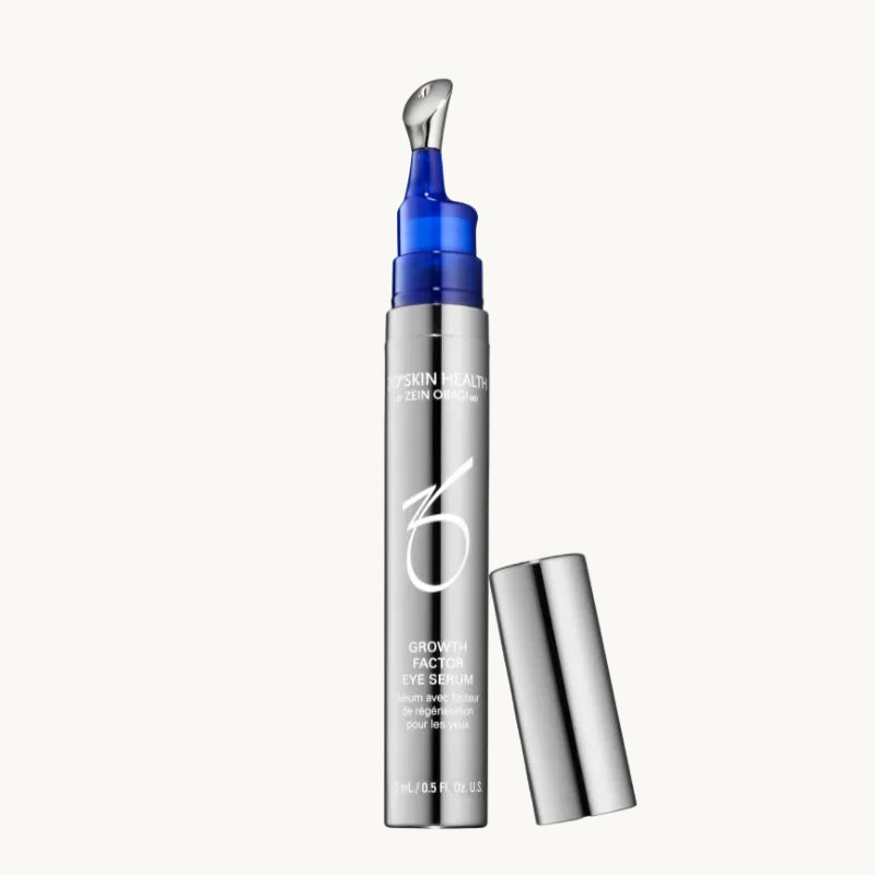 A bottle of Zo Skin Health Growth Factor Eye Serum with a precision applicator tip, designed for targeting under eye wrinkles and improving skin vitality.