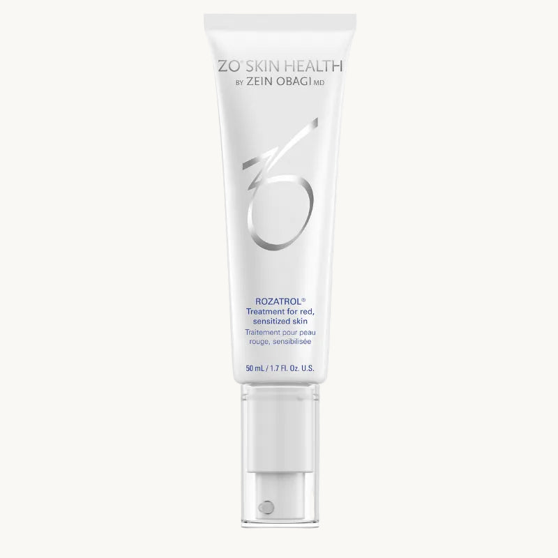 A tube of Zo Skin Health Rozatrol, a treatment serum for red, sensitized skin, with key ingredients listed on the label.