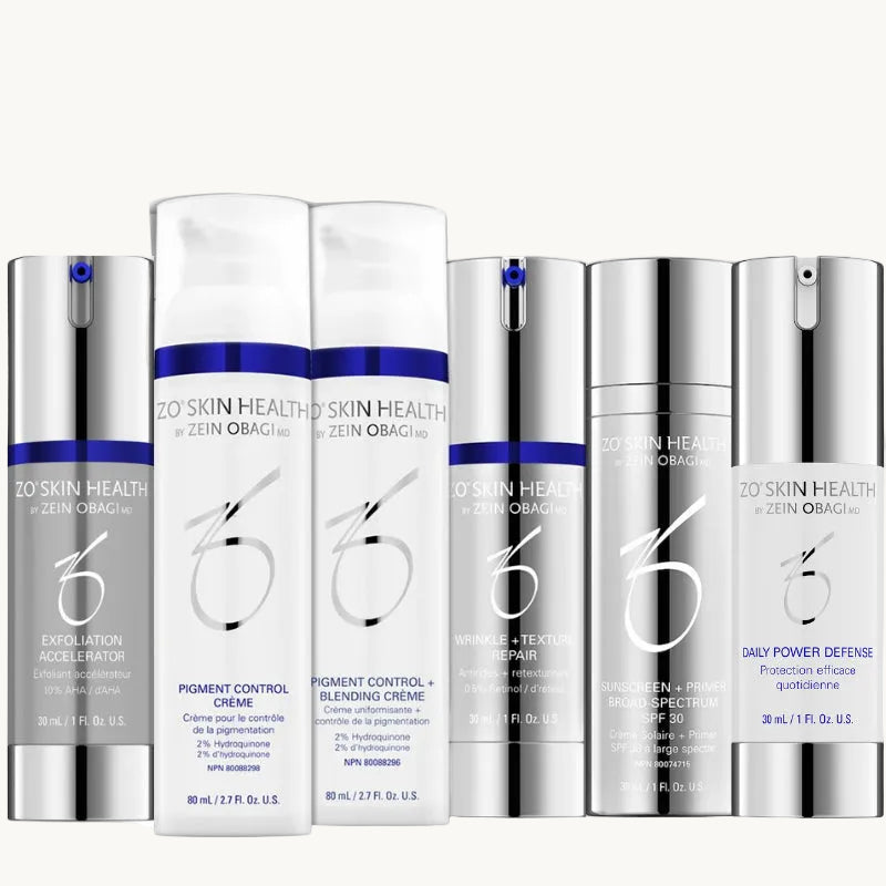 A set of skin care products from Zo Skin Health, including bottles and tubes of various creams and serums.