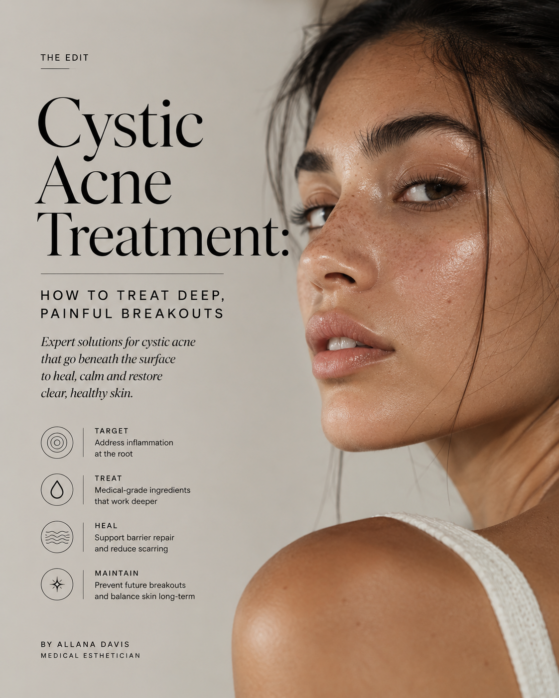 Editorial portrait of a woman with healthy skin illustrating cystic acne treatment and medical-grade skincare by Allana Davis Studio, a Toronto medical aesthetician specializing in acne care.