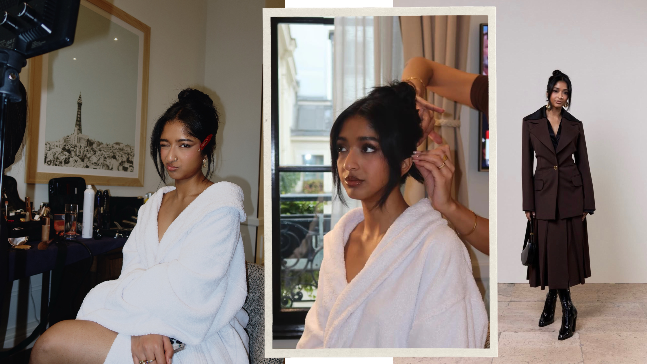 Enzyme Therapy model getting ready for fashion show in a dressing room with runway-ready skin.