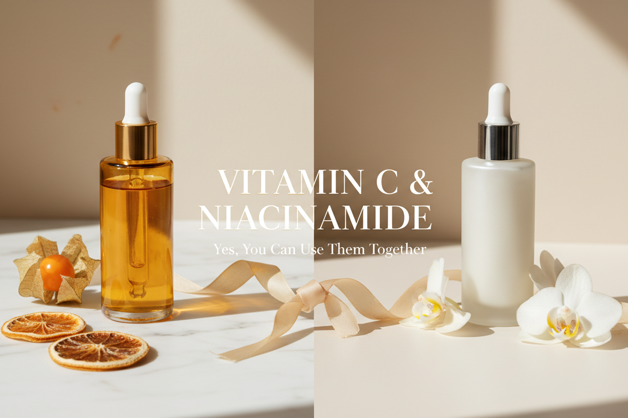 Vitamin C and Niacinamide bottles on a marble surface with dried fruit decorations.