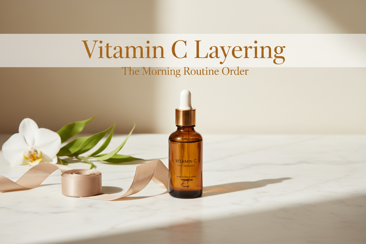 Vitamin C Layering serum on a marble countertop with flowers and ribbon, showcasing the morning routine order.