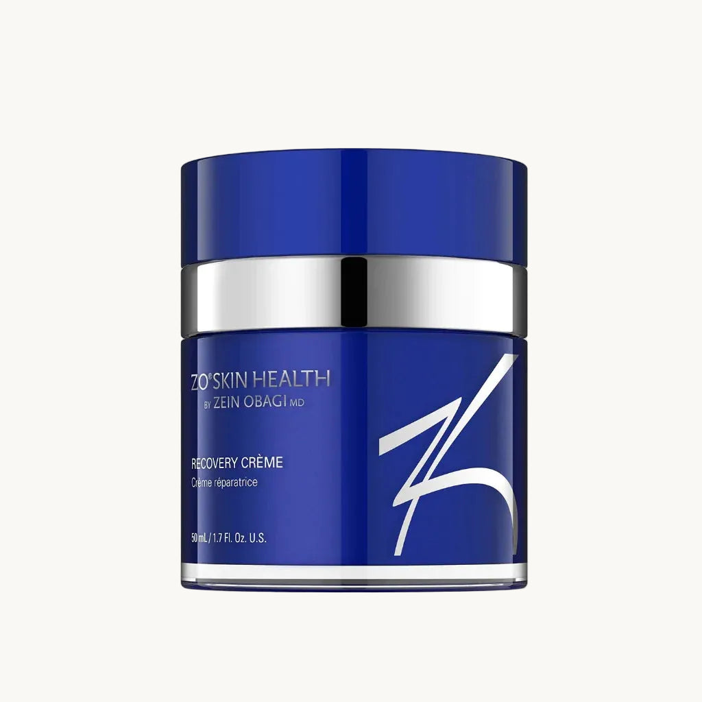 Blue jar of ZO Skin Health Recovery Crème on a white background