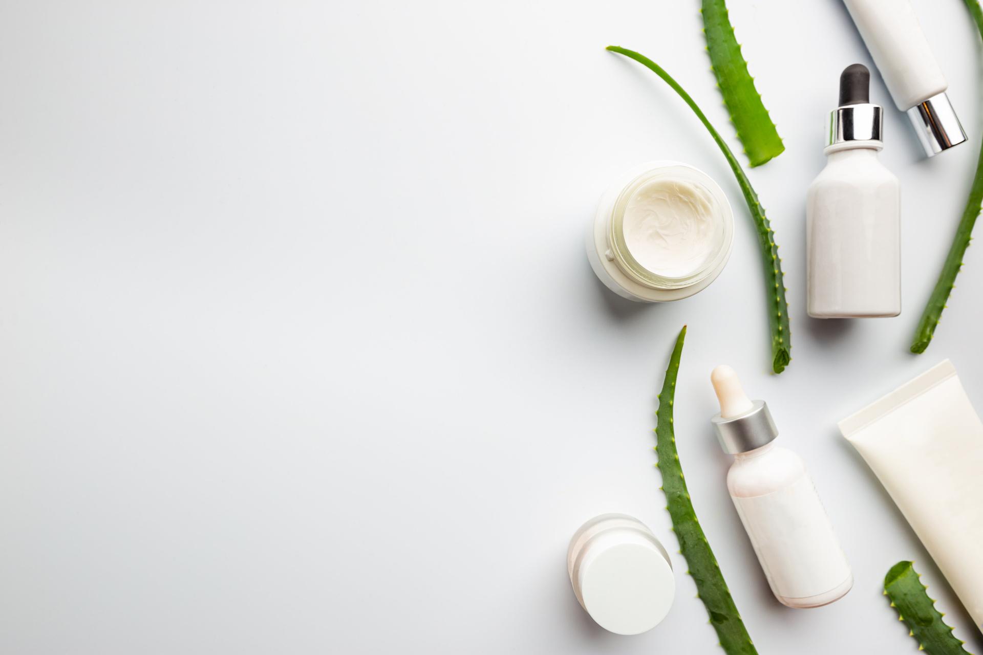 Flat lay of skincare products with aloe vera leaves on a white background, representing hydration, protection, and essential ingredients for healthy normal skin. Featured at Allana Davis Studio.